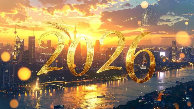Golden "2026" floats over a city skyline at sunset, reflecting in the river. Bokeh lights create a festive atmosphere