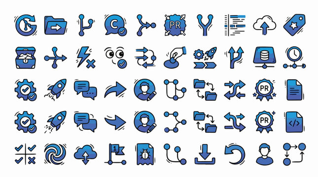 Software Development and Git Version Control Icon Set in Blue Doodle Style. A collection of coding linear icons including branch, pull request, code, cloud, bug, rocket, folder