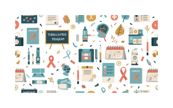tobacco-free program seamless pattern, workshops, nicotine patches, e-cigarettes, motivational boards, calendars and health symbols arranged in a repeating