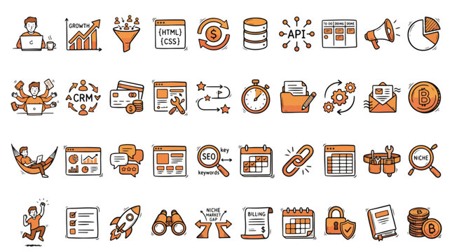 Business and Technology Marketing Icon Set in Doodle Style. A collection of Startup Linear Icons, Including growth, funnel, seo, api, bitcoin, crm, coding, billing, rocket