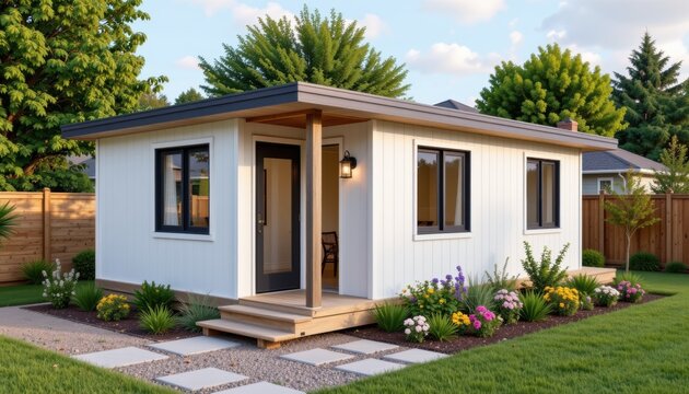Modern small backyard studio with wood siding and a covered porch in a residential garden.