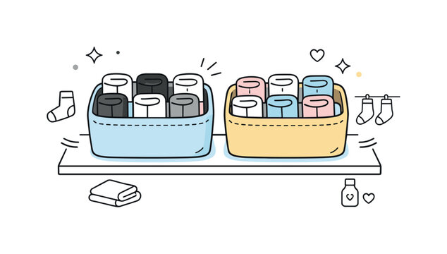 Storage baskets. Small fabric baskets neatly organizing socks on a shelf, showing order and everyday simplicity. Calm home organization mood with