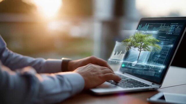 A programmer sits at a modern desk, illuminated by a laptop displaying intricate tree diagrams.