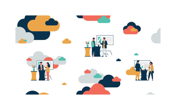 abstract cloud shapes seamless pattern, repeating pattern, surface design, textile print, modern illustration of stylized geometric cloud forms in a playful