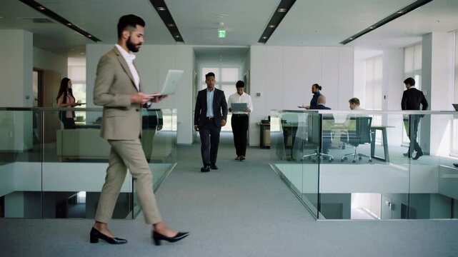 Dynamic flow of diverse business professionals navigating a bright, modern corporate building throughout a vibrant workday