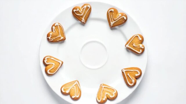 Heart-shaped cookies, decorated with white icing, arranged in a circle on a white plate, against a bright background