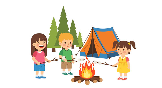 Vector illustration of 3 children roasting marshmallows around campfire