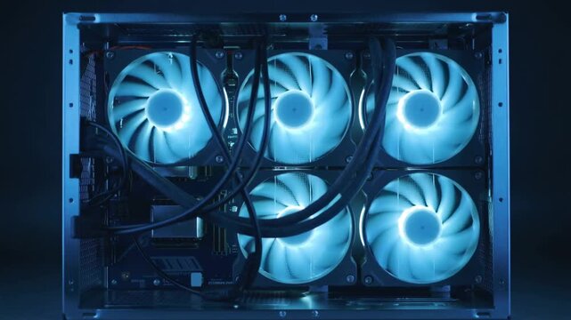 Arctic blue radiance streams from powerful cooling fans within a high-performance desktop system