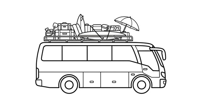 Vector illustration of a bus with luggage and surfboard on roof rack