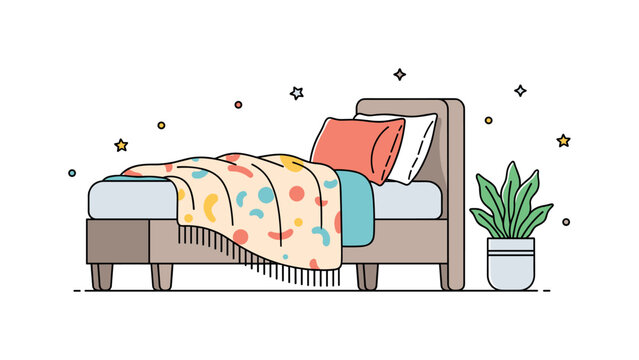 Bed styling with a patterned throw introducing a lively accent to a calm sleeping space. The draped textile, pillow and bedside plant form a compact visual