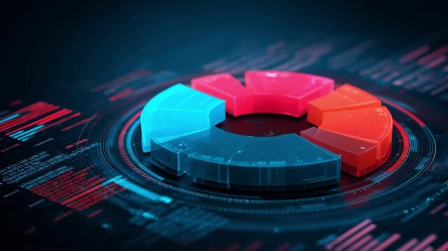 Data is presented with colorful segments in a digital format, illustrating statistics and analytics in a tech setting
