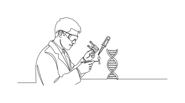 Gene Editing Scientist. Minimalistic one-line drawing scientist examining a DNA strand with laboratory tools representing genetic modification research,