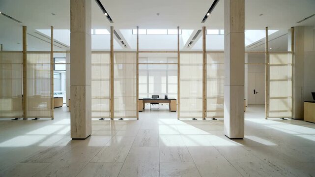 Sun-kissed contemporary office atrium unveils its grand design, pristine marble floors reflecting light, and soft daylight gracing translucent screens