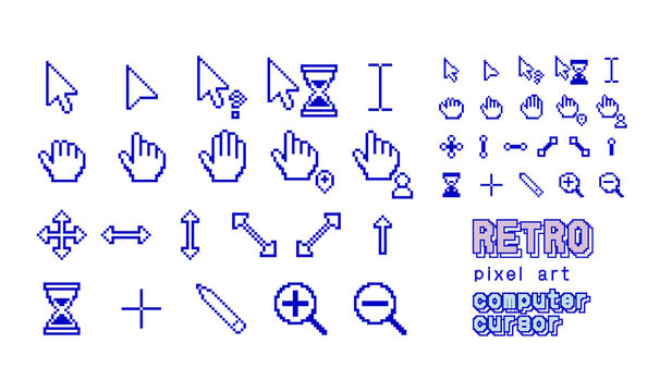 レトロなコンピューター風マウスポインタとカーソルのピクセルアートセット。90年代のデスクトップOSをイメージした青いドット絵の詰め合わせ。矢印、砂時計、指差し、手のひら、テキスト選択、拡大鏡、十字などのUIマウス操作要素。平成レトロ、Y2K、ノスタルジックなデジタルデザイン素材。ウェブ制作、アプリ、動画編集のデコレーションに。背景透過PNG切り抜き素材