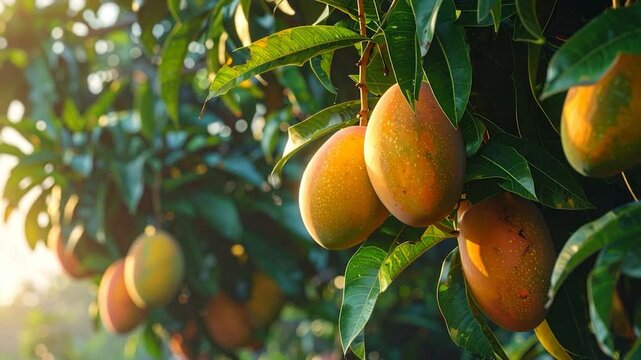 Ripe mangoes hanging from a tree branch with green leaves, illuminated by sunlight