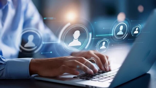 A user types on a laptop surrounded by glowing icons of AI workflow automation.