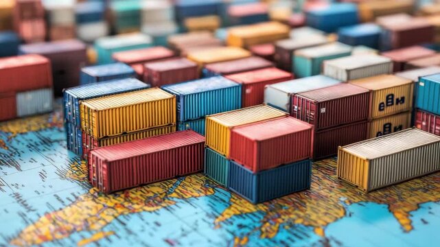 Colorful shipping containers arranged on a world map reflecting international trade and logistics operations