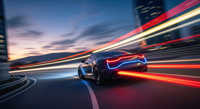 Futuristic black sports car with glowing red blue neon lights speeding on highway with dramatic light trails at dusk, automotive concept