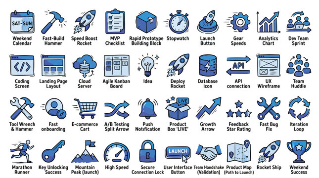 Software Development Startup Icon Set in blue hand-drawn style. A collection of project management icons, including rocket, calendar, coding, kanban, database, analytics, trophy, and more.