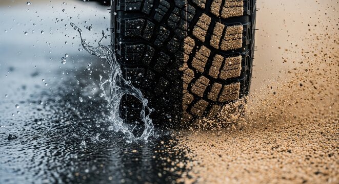 Car tire performance on wet and dry road split scene water splash sand traction safety grip comparison weather conditions automotive testing concept