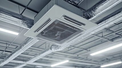Obraz premium Stylish Modern Industrial Interior of a Commercial Space with Unique Air Conditioning Unit Design