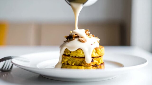 Stacked golden pancakes topped with creamy white sauce and nuts, presented on a white plate
