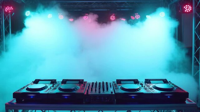 DJ equipment is ready for a music event with colored lights and smoke in the air at night