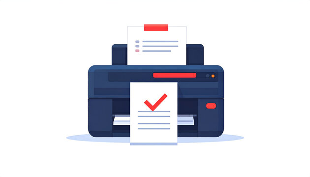 Dark blue printer ejecting sheet with red checkmark for tasks in vector design