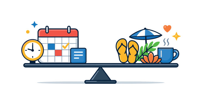 Work life balance scale represented by a balanced platform with calendar blocks on one side and relaxation icons on the other, conveying structure flexibility