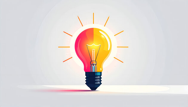 Glowing lightbulb with half red and half yellow design on a white backdrop