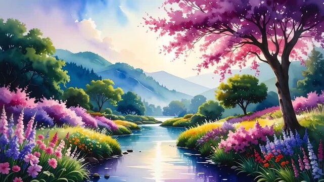 Watercolor painting of a serene landscape with a river, mountains, and colorful flowering trees