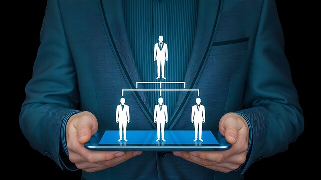 Organizational hierarchy and leadership structure concept with team management interface