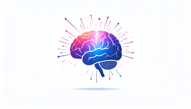 Artistic glowing brain illustration with radiating light trails on a white background
