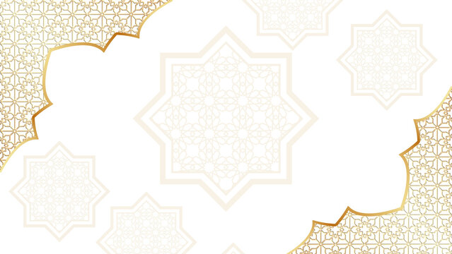 Luxury gold and white Islamic geometric pattern background. Arabic ornamental frame design for greeting cards, banners, and wedding invitations.
