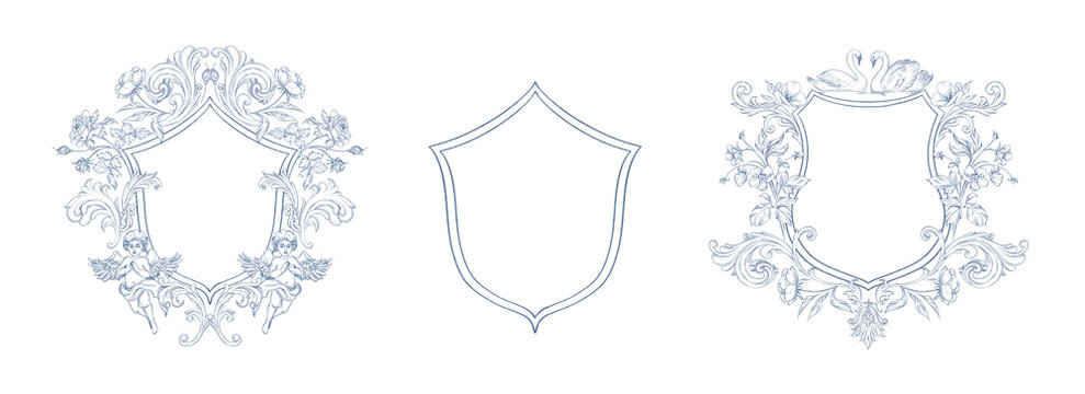 Line art vintage floral crests set, blue toile de jouy victorian baroque flowers frame