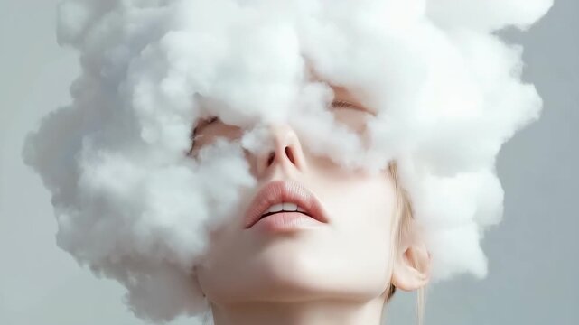 A woman stands with her head surrounded by soft clouds. She displays a look of confusion and wonder. The setting plays with light and space to show inner thoughts