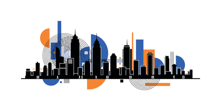 city buildings skyline with small walking figures abstract semicircles lines and geometric blocks symbolizing busy city life black and white retro building
