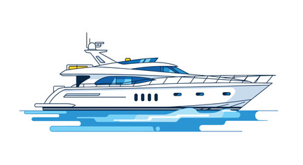 Naklejka premium A white luxury yacht with blue windows sails on stylized blue water against a clean white background.