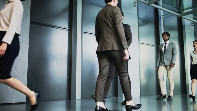 Professionals moving purposefully in a bright modern office setting, a vibrant tableau of daily corporate activity and success