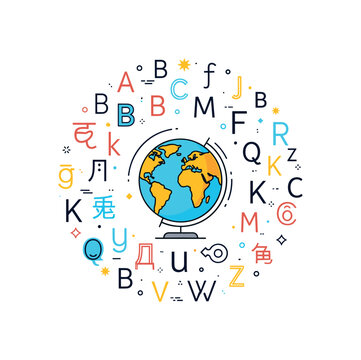 World alphabet concept circular arrangement of letters from different writing systems surrounding a small globe emphasizing the variety of languages on the