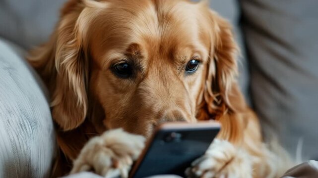 A golden retriever sits on a couch and looks closely at a small smartphone. The dog moves its paws on the phone, curious about what it can find