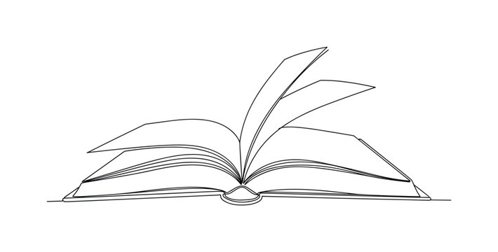 Book with Curved Pages. Minimalistic one-line drawing open book with slightly curved pages showing natural shape, continuous single black line on white