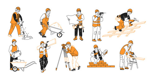 Fototapeta premium Illustrations of diverse construction workers performing various tasks. Each worker is depicted with tools against a plain white background, showcasing teamwork and skill.