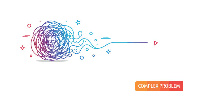 Complex problem visualization with a scribbled tangle of lines gradually transforming into a smooth straight path. The scene communicates problem solving,