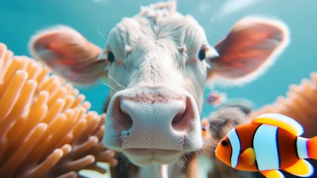 Enjoy a unique look at tropical coral filled with life. A cow swims close to the camera while colorful fish swim around. This moment captures an unusual underwater experience