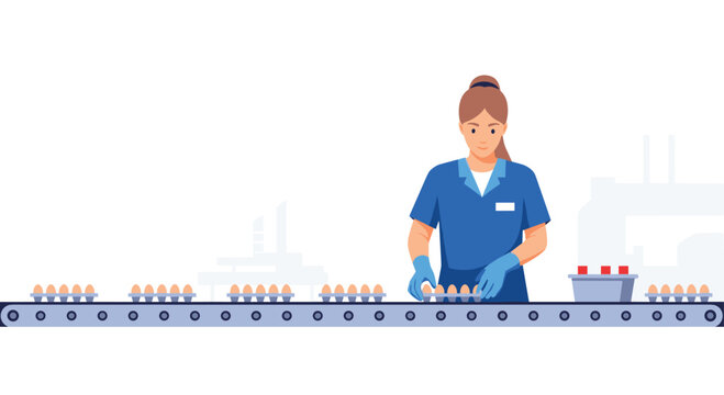 An illustrated female worker in a blue uniform and gloves places brown eggs into cardboard trays on a moving conveyor belt within an industrial egg packing facility.