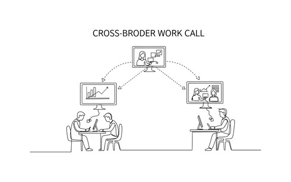 Cross-Border Work Call. Minimalistic one-line drawing human figures at desks with screens and connecting lines to represent meeting across time
