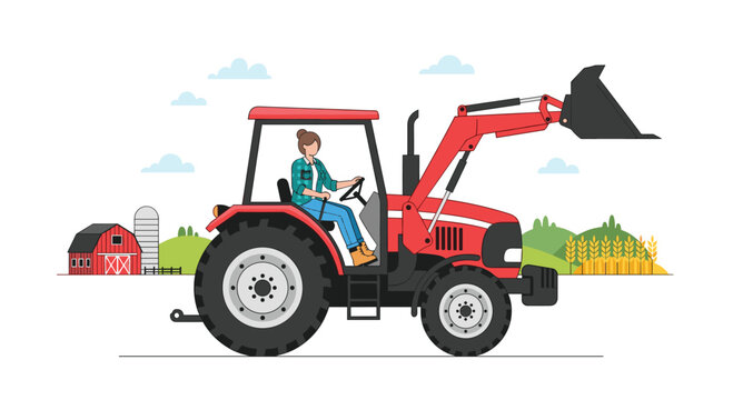 An illustrated female farmer drives a red tractor with a front loader, with a barn and cornfields in the background under a cloudy sky.
