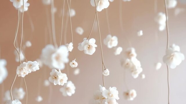 Delicate flowers hang from above, softly swaying in the air. The light background enhances their simple beauty. This display creates a fresh look for spring and summer