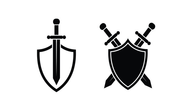 Silhouette of shield and sword icons in black and white featuring two crossed swords and a protective emblem silhouette